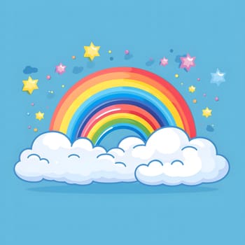 A colorful rainbow with stars in the sky. This cheerful illustration represents optimism, joy and happiness.