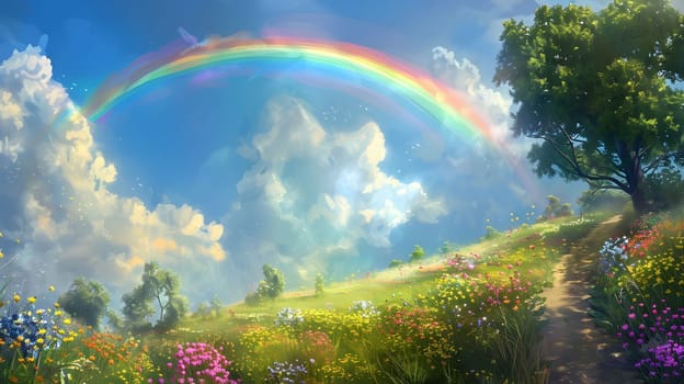 A vibrant rainbow arches over a lush meadow, bathed in the warm glow of the sun. Wildflowers bloom along a winding path that leads toward a lone tree standing tall against a backdrop of fluffy clouds.