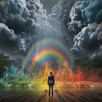 A solitary woman stands facing a vibrant rainbow against a backdrop of dramatic storm clouds, showcasing an inspiring contrast of hope and darkness.