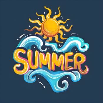 A colorful illustration of the word 'summer' with a sun and waves in a doodle style.