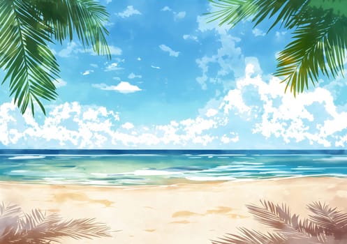 A picturesque watercolor painting depicting a serene tropical beach with swaying palm trees, crystal-clear turquoise waters, and a sky filled with fluffy white clouds.