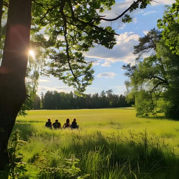 Four people sit in a grassy field, surrounded by trees and a bright blue sky, creating a peaceful and tranquil atmosphere.