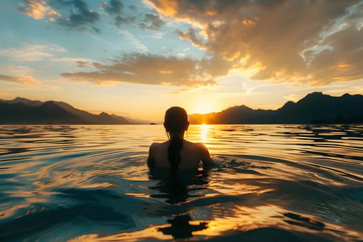 A woman swims in a lake at sunset, with mountains in the background. The sky is a beautiful mix of golden and blue colors.