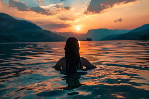 A woman swims in a serene lake with a stunning sunset in the background, creating a peaceful silhouette.