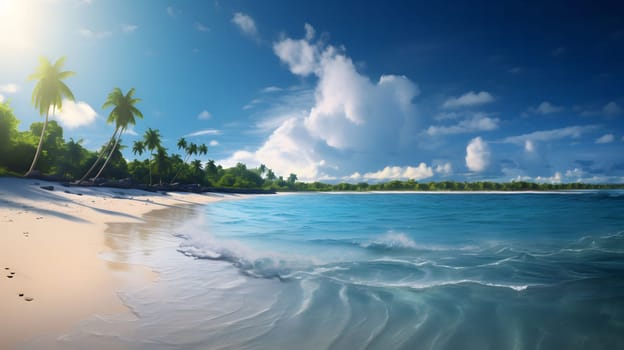 A serene tropical beach with white sand, turquoise water, and palm trees under a clear blue sky.