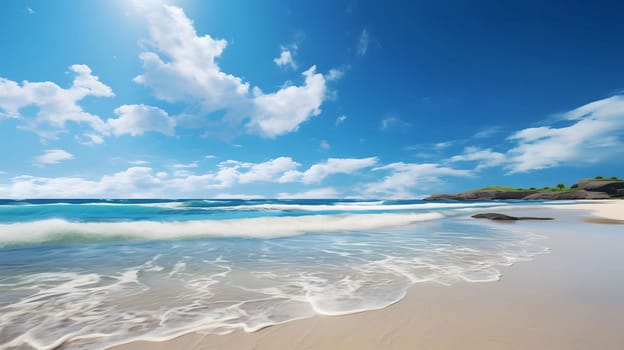 A picturesque scene of a tranquil beach, featuring shimmering turquoise waters lapping gently at the sandy shore. The sky is a vibrant azure canvas, dotted with fluffy white clouds, and the sun bathes the scene in a warm, golden glow.
