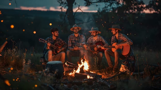 Four friends gathered around a campfire at night playing guitars and enjoying the music.