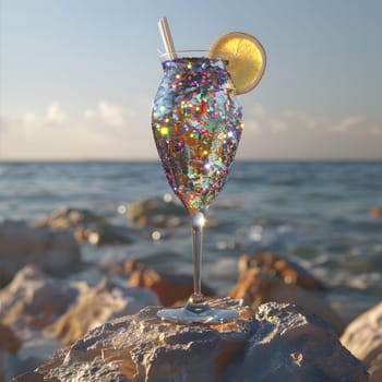 A glass of sparkling cocktail with a lemon slice rests on a rock overlooking the sea, capturing the essence of a sunny beach vacation.