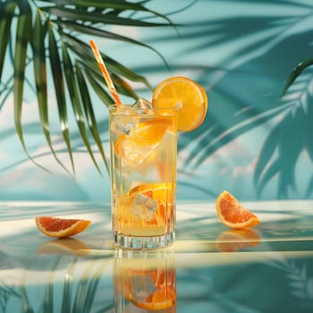 A tall glass of iced orange drink with a straw, surrounded by orange slices and ice cubes on a table with a blue background.