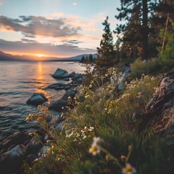 A beautiful sunset over a lake with a mountain range in the background. The sun is setting behind the mountains, casting a golden glow over the water. The sky is a mix of orange, yellow, and red.