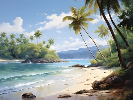 A serene tropical beach with palm trees swaying in the gentle breeze, sparkling blue ocean water, and a sandy shore.