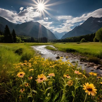 A stunning vista of a sunlit mountain valley with a winding river, lush green meadows, and vibrant wildflowers.