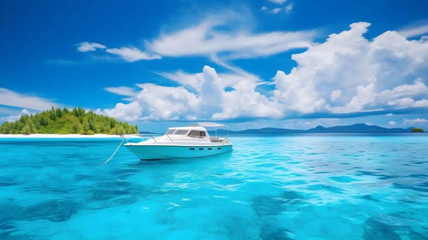 A white yacht is anchored in crystal clear turquoise water with a tropical island and blue skies in the background.