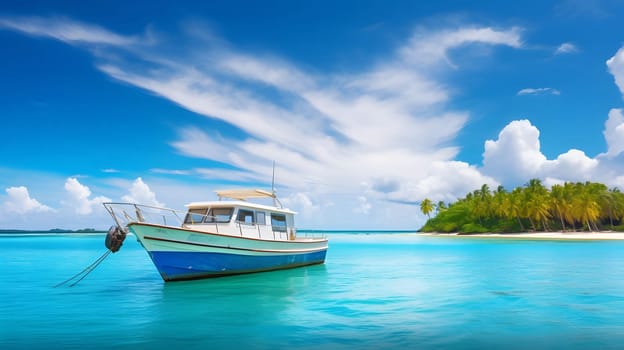 A white boat anchored in the crystal clear turquoise water of a tropical island with lush palm trees and white sandy beaches under a bright blue sky.
