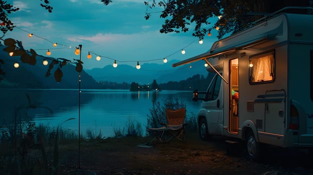 A serene campsite by a lake at dusk. An RV is parked near the shore, with string lights illuminating the scene.