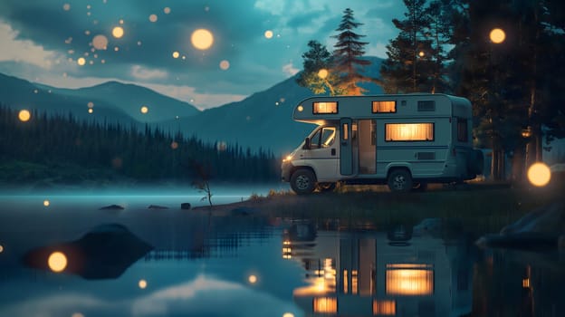 A campervan parked on a lakeshore at night, surrounded by trees and mountains, with a serene and magical atmosphere.