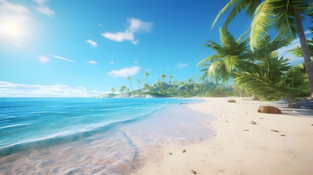 A picturesque tropical beach scene showcasing crystal clear waters, soft white sand, lush palm trees, and a vibrant blue sky. The perfect getaway for relaxation and escape.