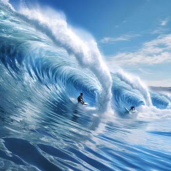 Two surfers ride a giant wave, one in the barrel and another on the crest, under a bright blue sky.