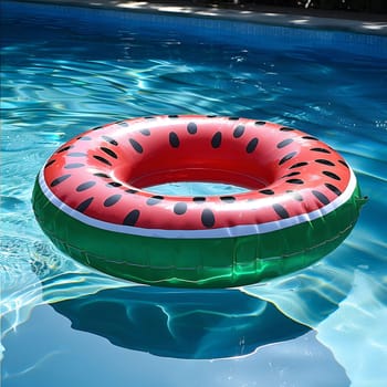 A red watermelon-shaped pool float with green rind and black seeds floating in a clear blue pool.