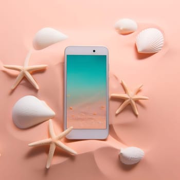 A white smartphone lays on a pink sandy beach with seashells and starfish around it. The phone has a screen with an ocean and beach background.