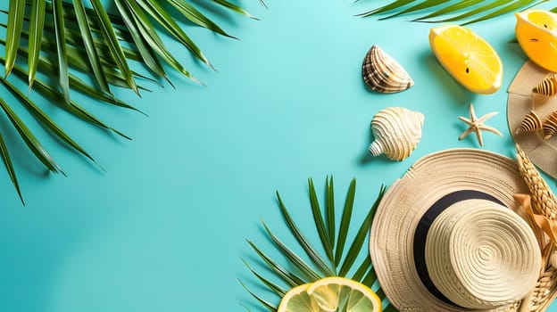 A flat lay with a tropical summer theme with a straw hat, fruits and seashells.