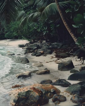 A serene scene of a tropical beach with lush greenery, palm trees, and rocks by the water's edge.