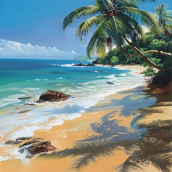 A beautiful beach scene with a calm ocean and swaying palm trees.