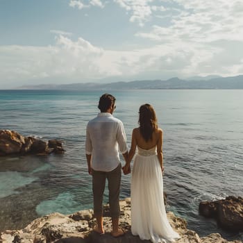 A couple stands on a rocky coastline, holding hands and gazing out at the ocean. The woman wears a white, flowing dress and the man wears a white button-down shirt and khaki pants. In the distance, the ocean meets the sky and a line of mountains is visible.