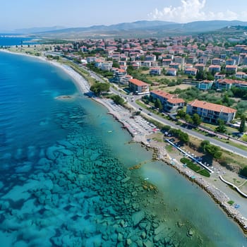 An aerial view of a beautiful coastline with clear blue water, white sandy beaches and red-roofed buildings.