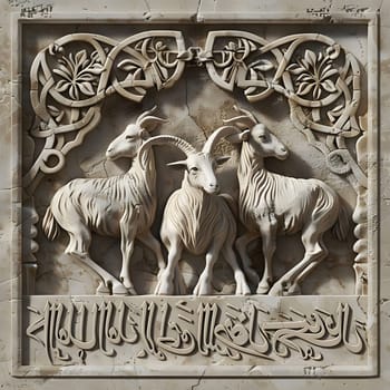 A close-up image of a marble relief carving depicting three goats. The carving is detailed and intricate, with intricate patterns and ornate details.