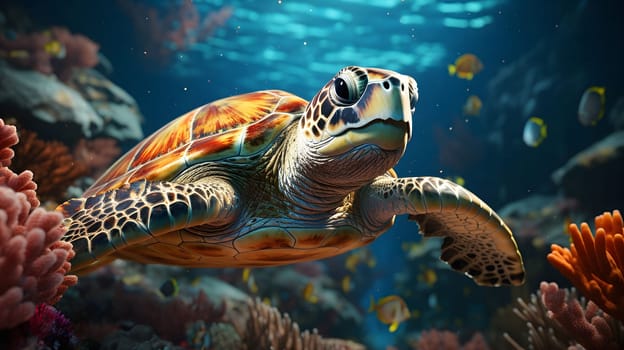A close-up of a green sea turtle swimming through a vibrant coral reef, surrounded by colorful tropical fish. The turtle's shell and scales are beautifully detailed.