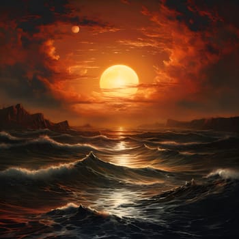 A breathtaking sunset over a vast ocean, with dramatic clouds and golden light reflecting off the waves.