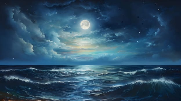 A beautiful night scene of a moonlit ocean with waves crashing against the shore and a starry sky above.