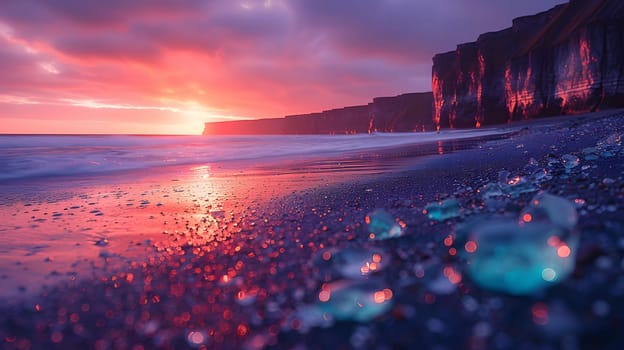 A mesmerizing sunset paints the sky in vibrant hues of red and purple as the waves gently lap against the shore of a stunning glass beach.