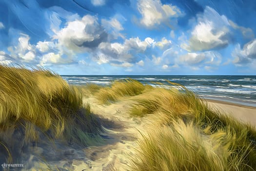 A digital painting depicting a beautiful beach with grassy dunes and a clear blue sky. The waves gently lap at the shore, and the wind blows through the grass, creating a sense of peace and tranquility.