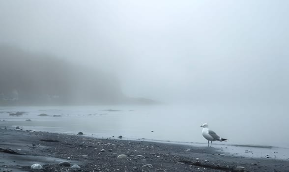 A lone seagull stands on a misty beach, shrouded in fog, with the vast expanse of the ocean disappearing into the distance.
