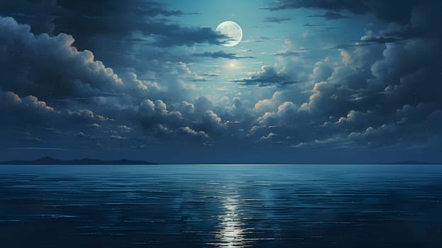 A serene nightscape featuring a tranquil sea under a luminous full moon, with fluffy clouds and a hint of starlight.