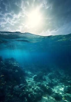 A captivating view of an underwater coral reef, bathed in sunlight streaming through the ocean surface.