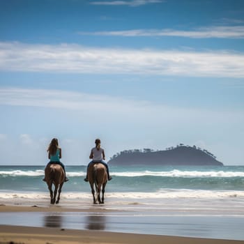 Two women riding horses on a sandy beach, looking out towards the ocean and a small island in the distance.
