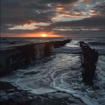 A stunning sunrise over a calm ocean with a breakwater extending into the water. The golden hues of the dawn paint the sky and the water, creating a beautiful and tranquil scene.