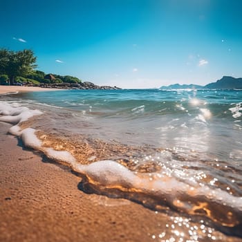 A mesmerizing view of a pristine beach with crystal-clear water and sparkling foam waves. The sun shines brightly, creating a sense of peace and tranquility.