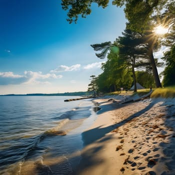 A breathtaking view of a sandy beach stretching out towards a calm sea under a clear blue sky, bathed in the warm glow of the sun.