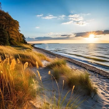 A stunning sunset over a sandy beach with golden hour lighting.