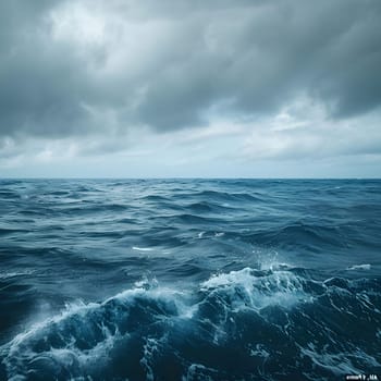 A vast, blue ocean stretches out beneath a stormy sky, with waves crashing and breaking against the surface.