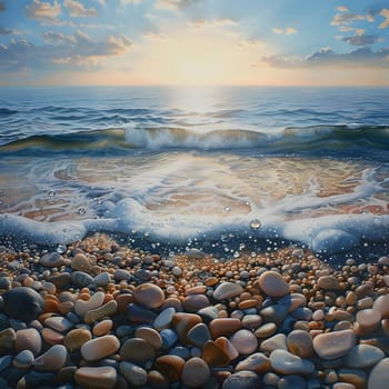 A serene seascape featuring a wave crashing onto a pebbly beach, with the sky and horizon glowing with the warm light of the setting sun.