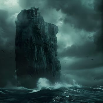 A towering cliff rises dramatically from the stormy sea, shrouded in mist and surrounded by crashing waves.