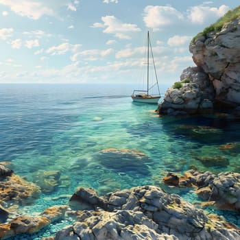 A sailboat is anchored in the crystal clear waters of a tranquil bay, surrounded by rocky cliffs and a blue sky with white clouds.