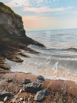 A cliffside seascape with calm blue waters and smooth sand.