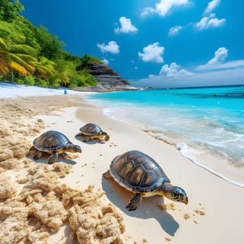 Three sea turtles walking on a pristine tropical beach with crystal clear water and blue sky.
