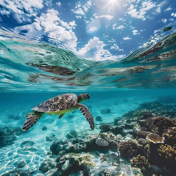 A sea turtle swims through the clear blue water over a vibrant coral reef. The sun shines brightly through the water surface, illuminating the scene.